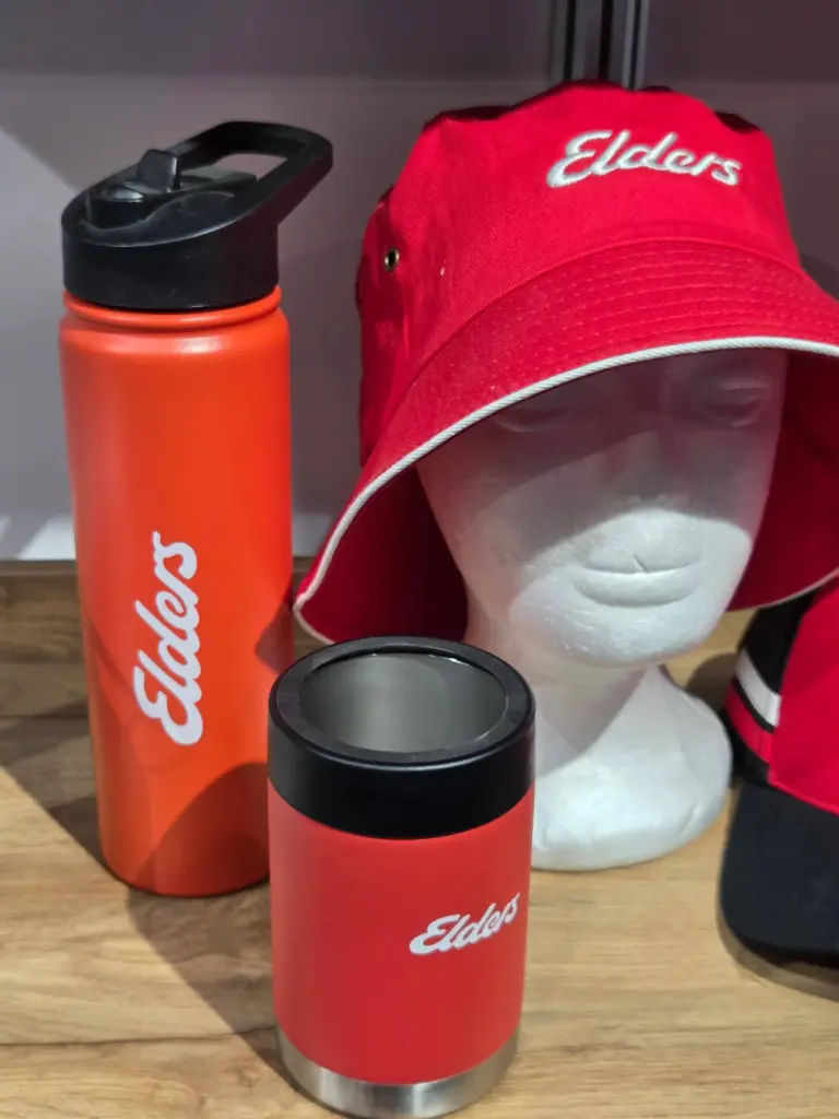red bucket bat with 2 orange tumblers small and big for elders